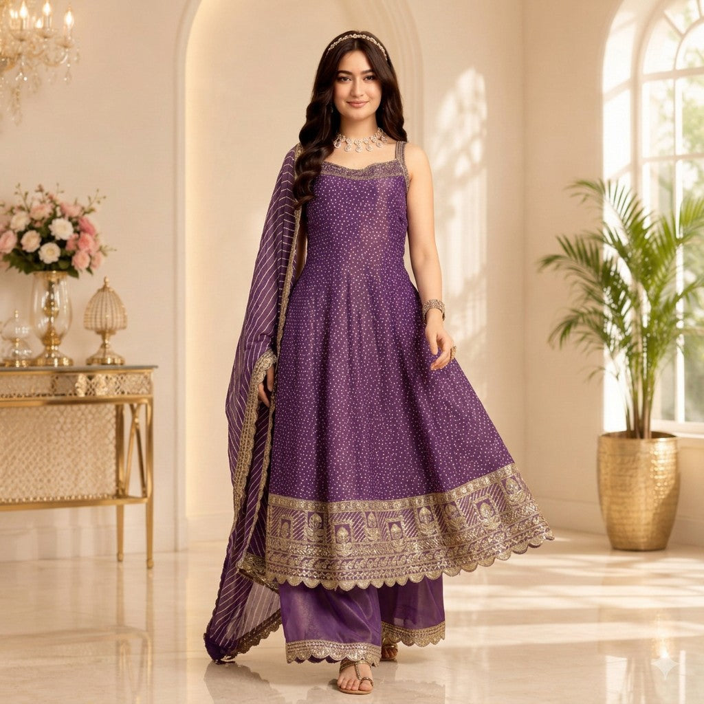 Royal Purple Embroidered Anarkali Palazzo Suit Set with Dupatta