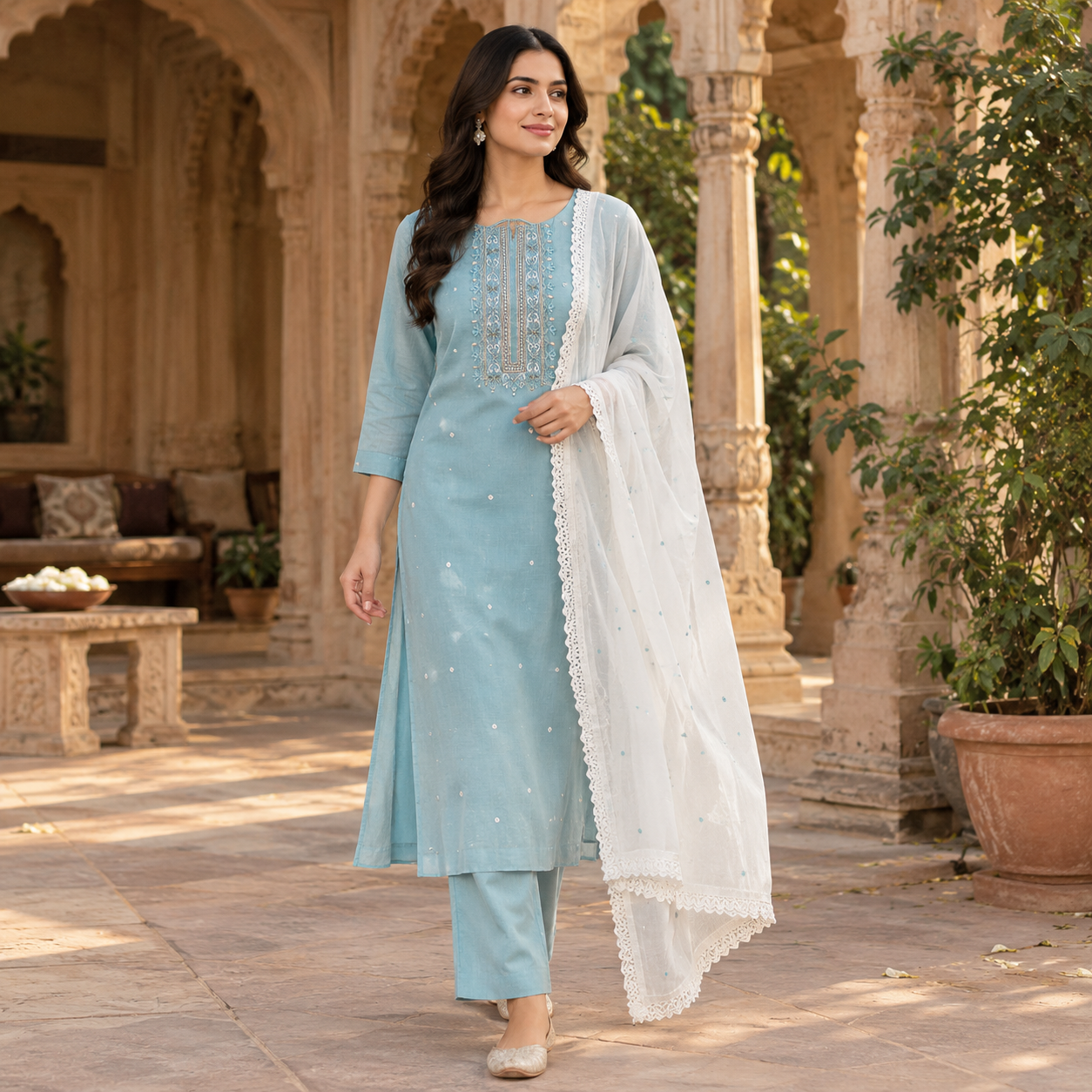 Pastel Blue Embroidered Kurta Set with Ivory Lace Dupatta