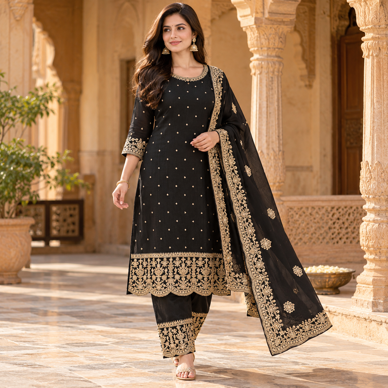 Black Embroidered Kurta Set with Gold Work and Matching Dupatta