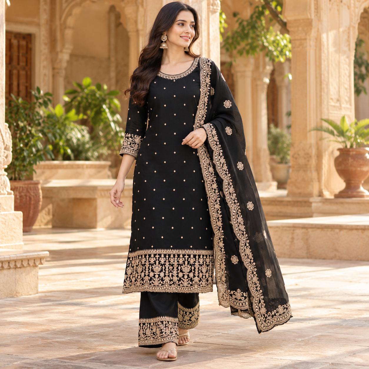 Elegant Black Salwar Suit with Gold Embroidered Border and Matching Dupatta