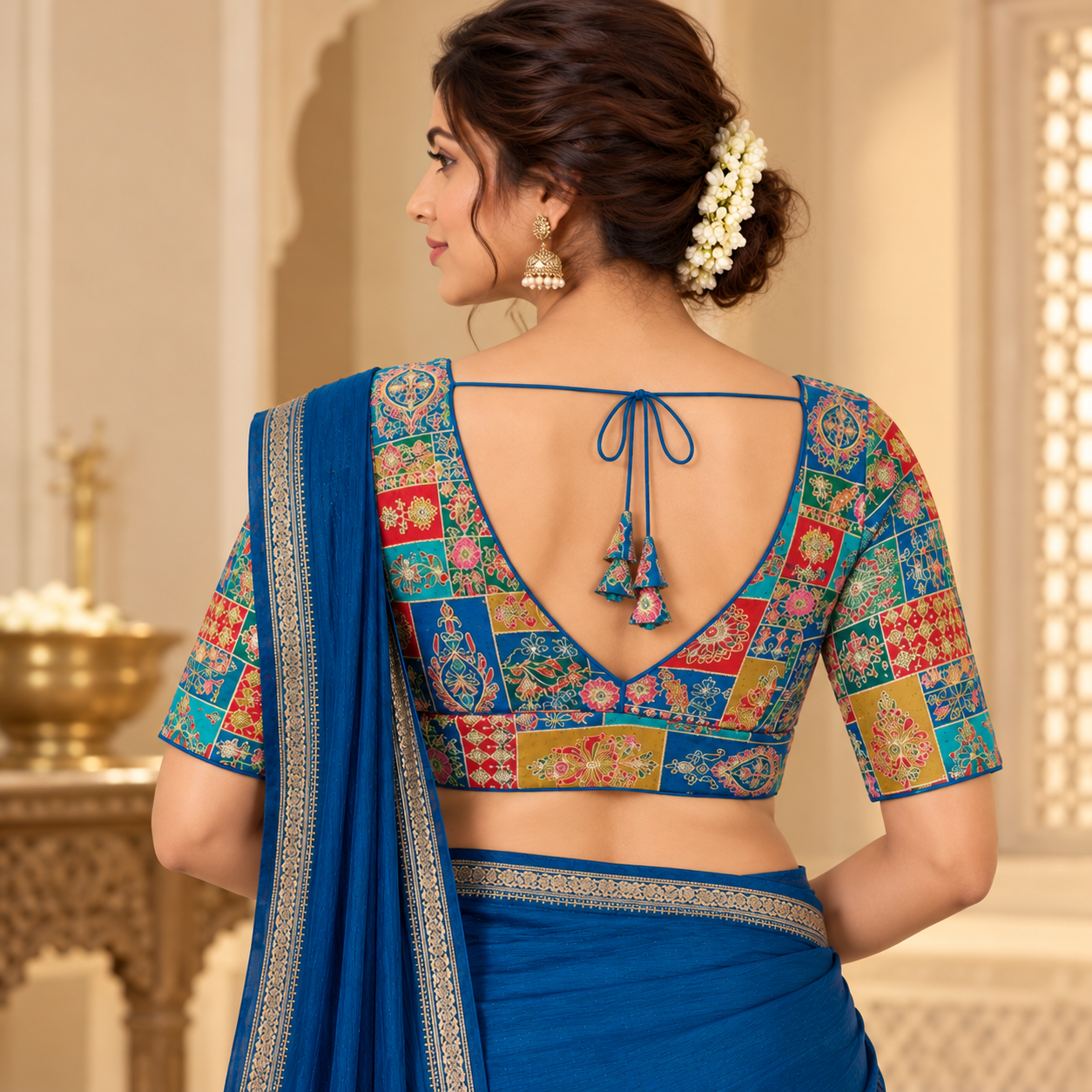 Multicolor Embroidered V-Neck Blouse with Elbow Sleeves – Designer Ethnic Wear