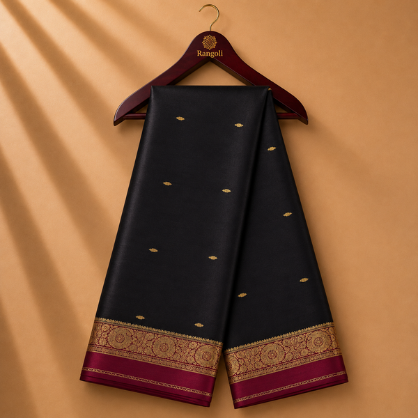 Black Mysore Silk Saree with Maroon & Gold Zari Border