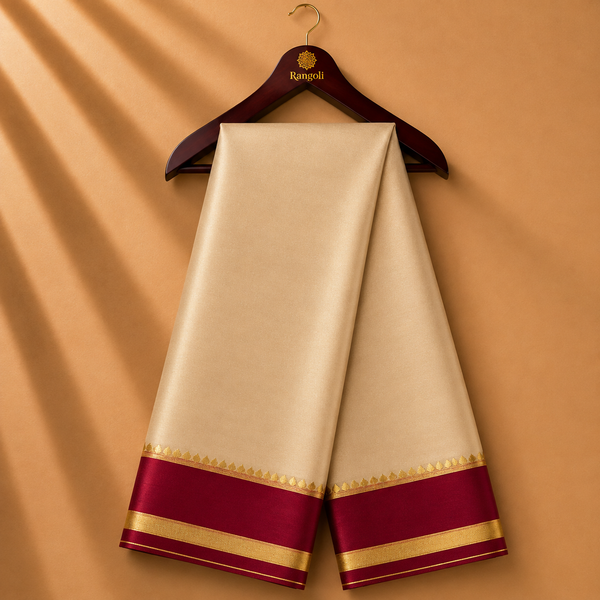 Cream Mysore Silk Saree with Maroon & Gold Zari Border