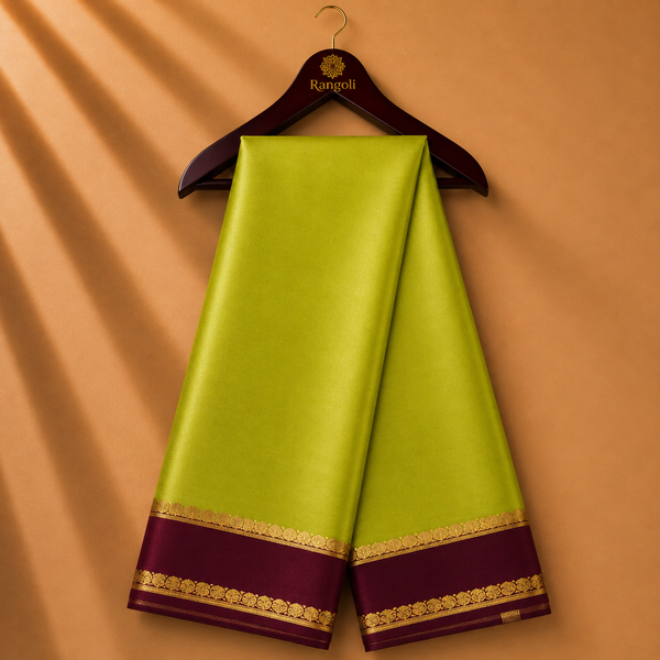 Lime Green Mysore Silk Saree with Maroon & Gold Zari Border