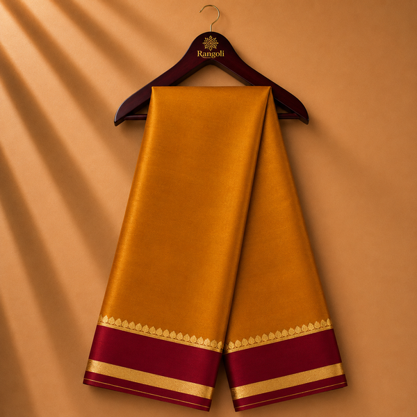 Mustard Gold Mysore Silk Saree with Maroon & Gold Zari Border