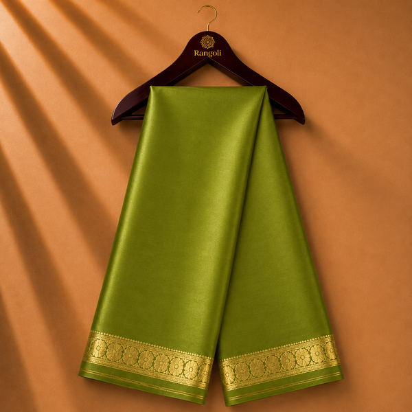 Parrot Green Mysore Silk Saree with Gold Zari Floral Border