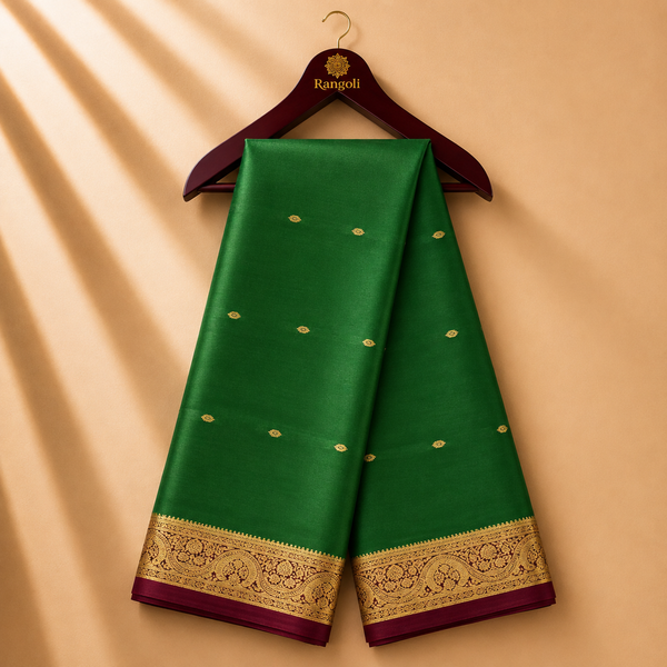 Emerald Green Mysore Silk Saree with Maroon & Gold Zari Border