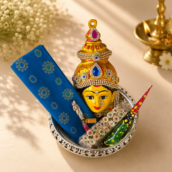 Varalakshmi Devi Pooja Alankaram Set with Blue Fabric & Decorative Accessories