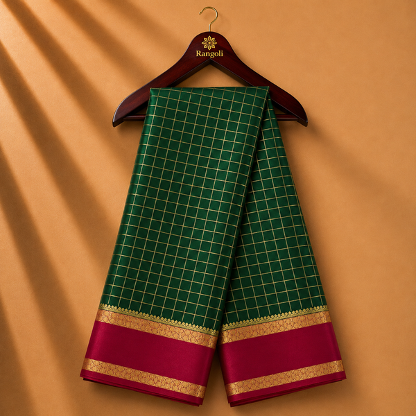 Bottle Green Mysore Silk Saree with Magenta & Gold Zari Border