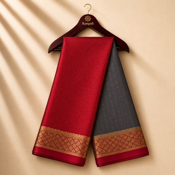 Red & Grey Mysore Silk Saree with Rich Gold Zari Border
