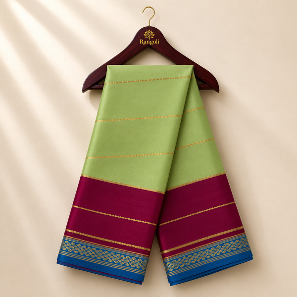 Pastel Green Mysore Silk Saree with Magenta & Blue Gold Zari Border