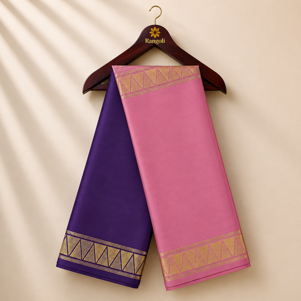 Pink & Purple Mysore Silk Saree with Gold Zari Border