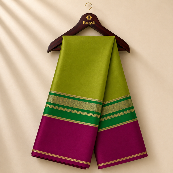 Lime Green Mysore Silk Saree with Green & Magenta Gold Zari Border