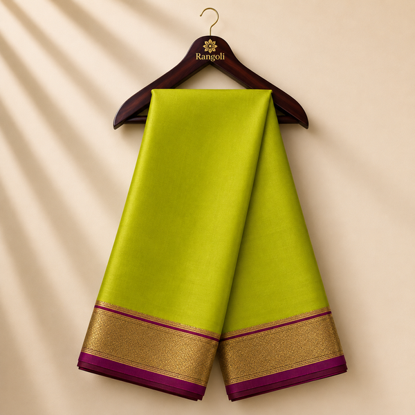 Lime Green Mysore Silk Saree with Magenta & Gold Zari Border