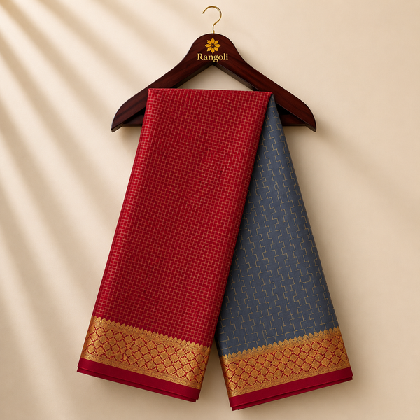 Red & Slate Grey Mysore Saree with Gold Zari Border