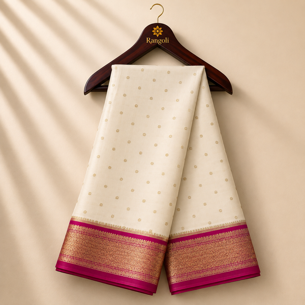 Cream Mysore Silk Saree with Magenta Gold Zari Border