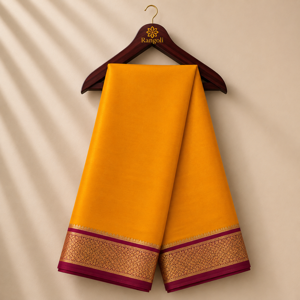 Golden Mustard Mysore Silk Saree with Maroon Gold Zari Border