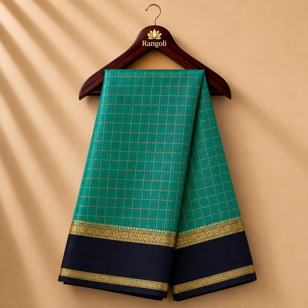 Teal Green Mysore Saree with Navy Blue & Gold Zari Border