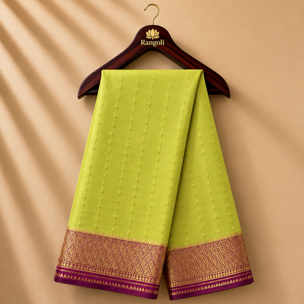 Lime Green Mysore Saree with Magenta Gold Zari Border