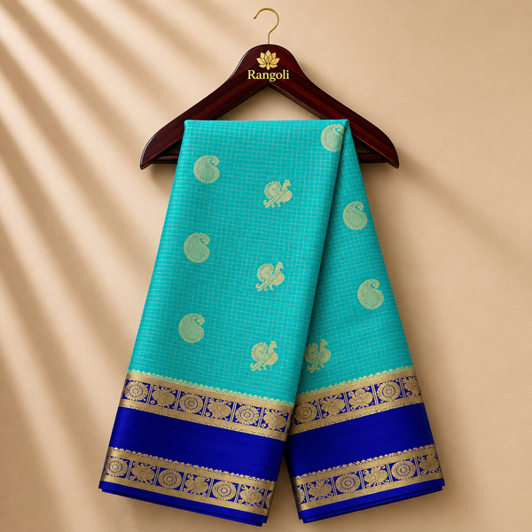 Turquoise Blue Mysore Saree with Royal Blue Zari Border
