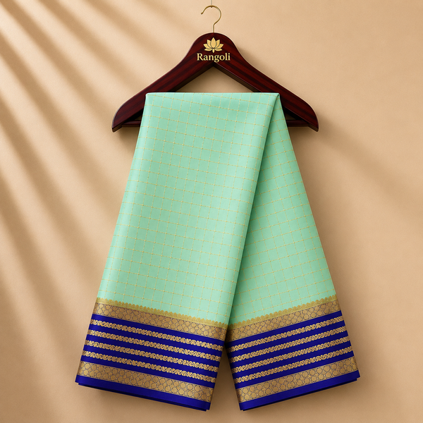 Mint Green Mysore Saree with Royal Blue Zari Border