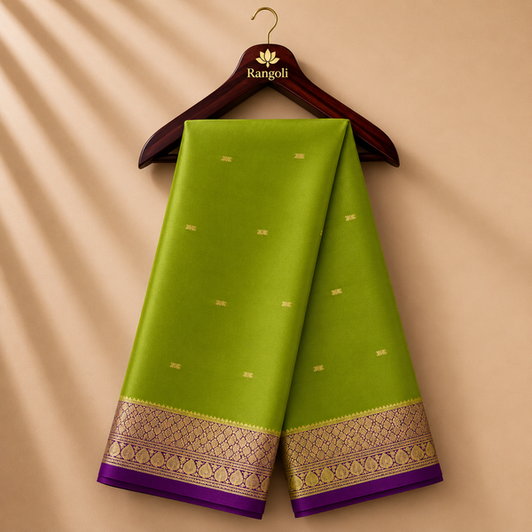 Lime Green Mysore Saree with Purple Gold Zari Border
