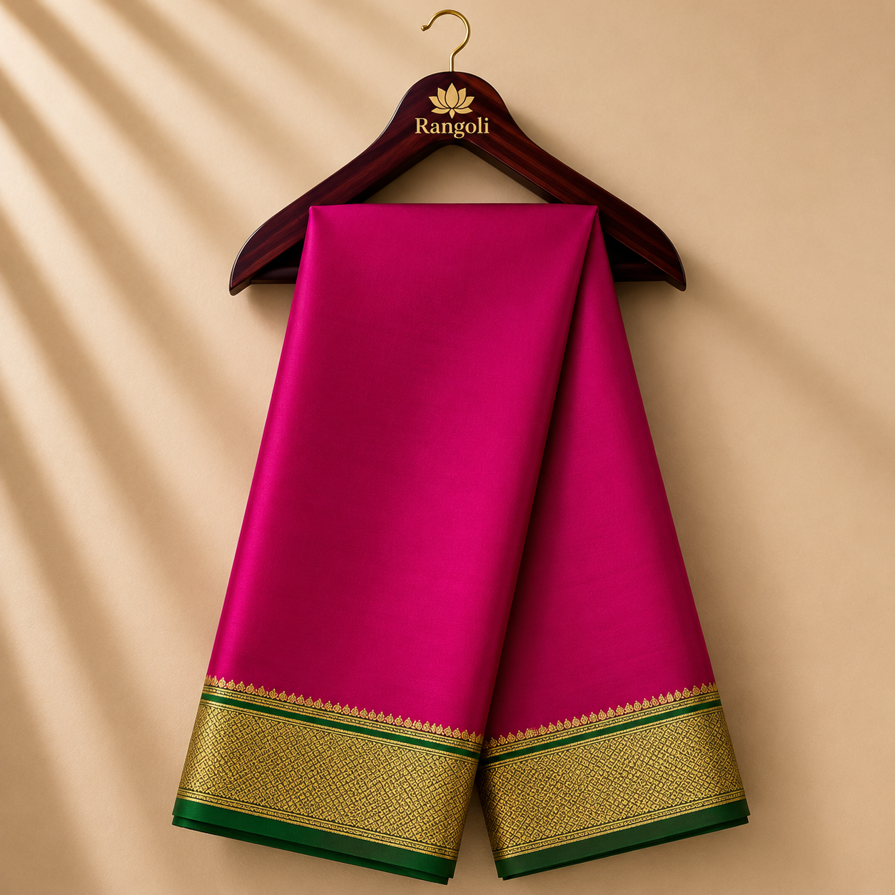 Rani Pink Mysore Saree with Green & Gold Zari Border