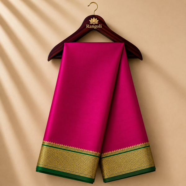 Rani Pink Mysore Saree with Green & Gold Zari Border