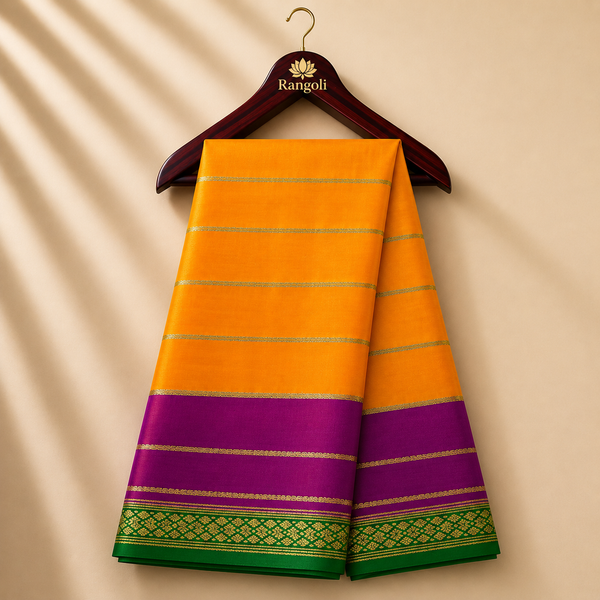 Mustard Orange & Purple Mysore Saree with Green Zari Border