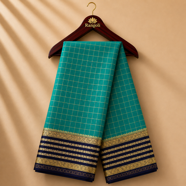 Teal Green Mysore Saree with Navy Blue & Gold Zari Border