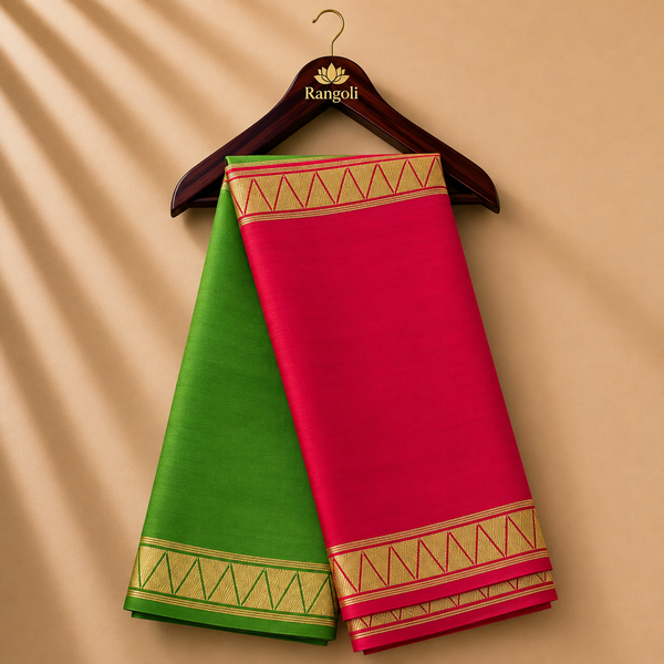 Rani Pink & Green Mysore Saree with Gold Zari Border