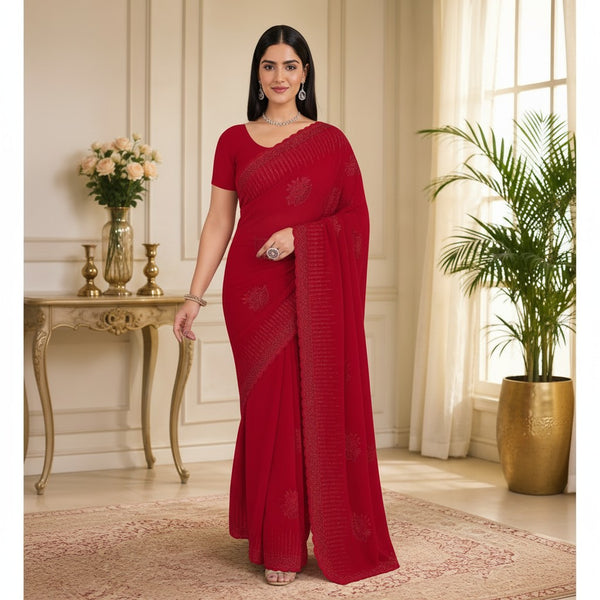 Rich Red Designer Saree with Embroidered Motifs & Detailed Border