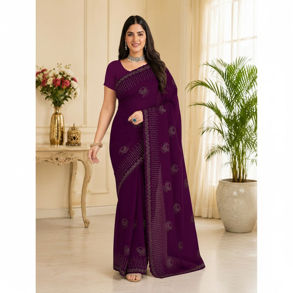 Plum Purple Designer Saree with Embroidered Motifs