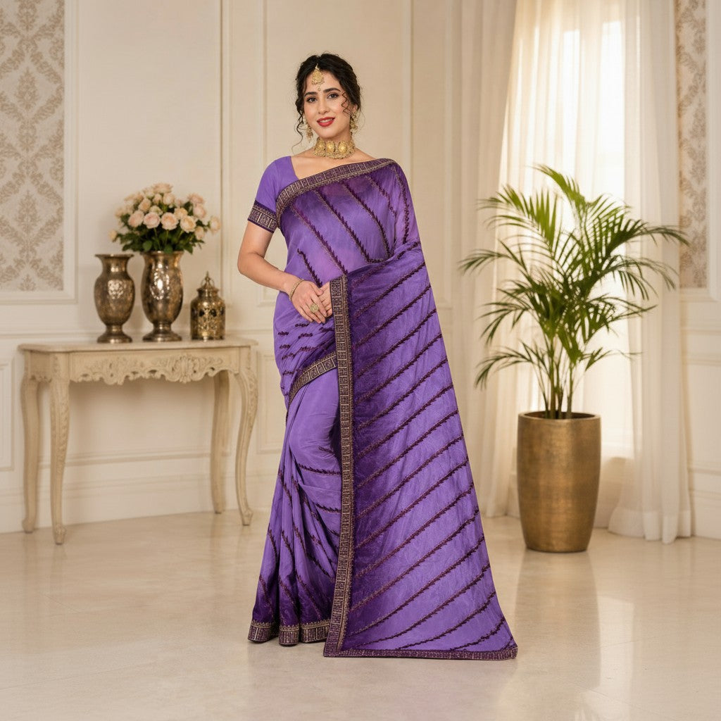 Lavender Purple Designer Saree with Striped Embellished Detailing