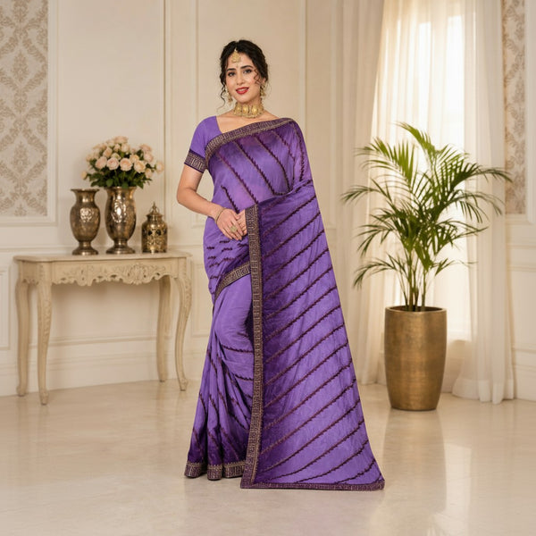Lavender Purple Designer Saree with Striped Embellished Detailing