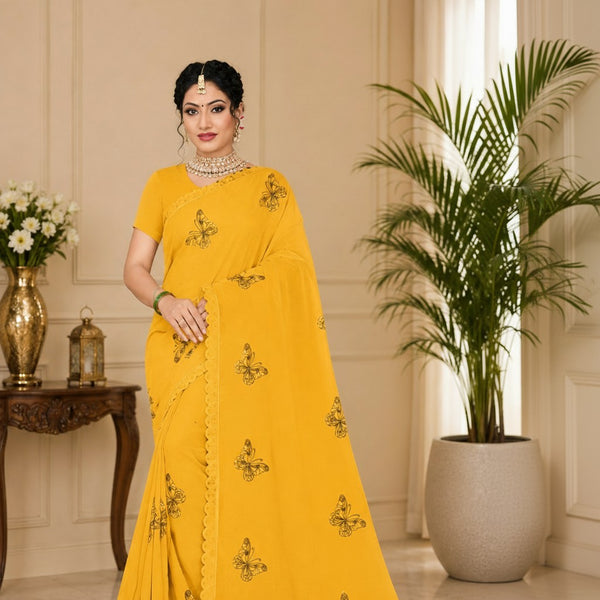 Mustard Yellow Designer Saree with Butterfly Motifs