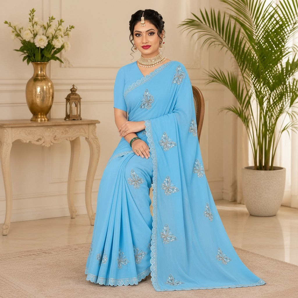 Sky Blue Designer Saree with Butterfly Motifs