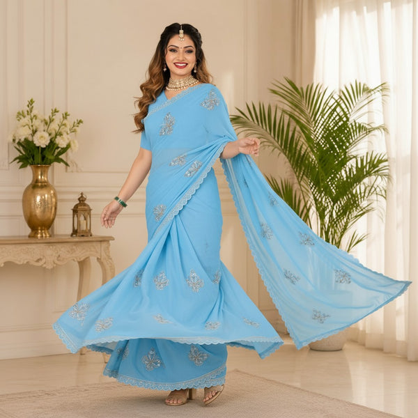 Sky Blue Designer Saree with Butterfly Motifs