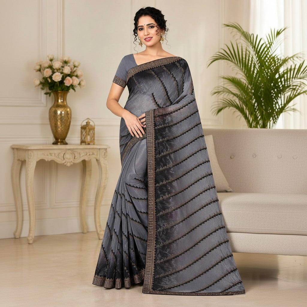 Charcoal Grey Designer Saree with Diagonal Woven Detailing