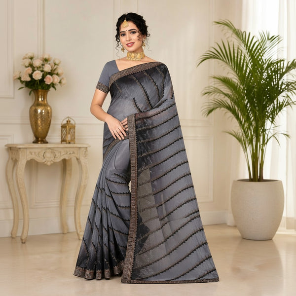 Charcoal Grey Designer Saree with Diagonal Woven Detailing