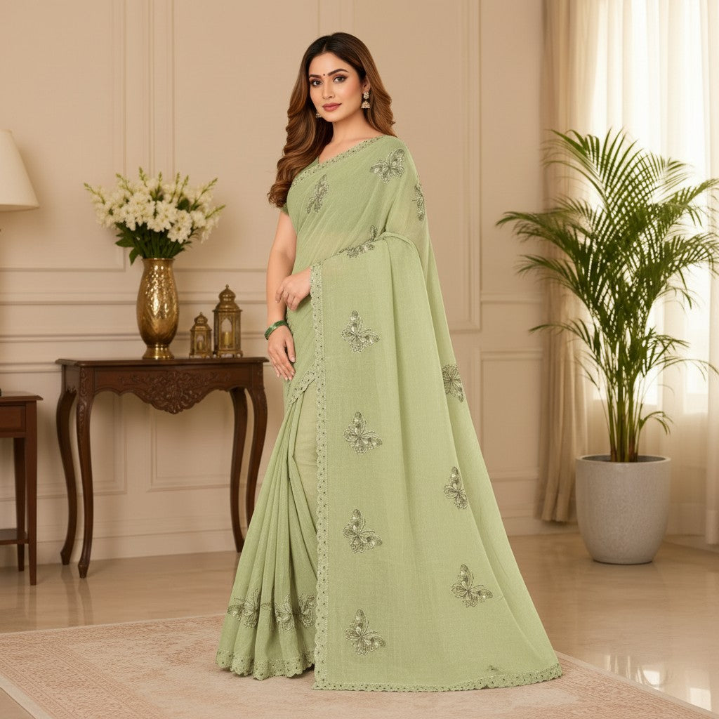 Pastel Green Designer Saree with Butterfly Embroidery
