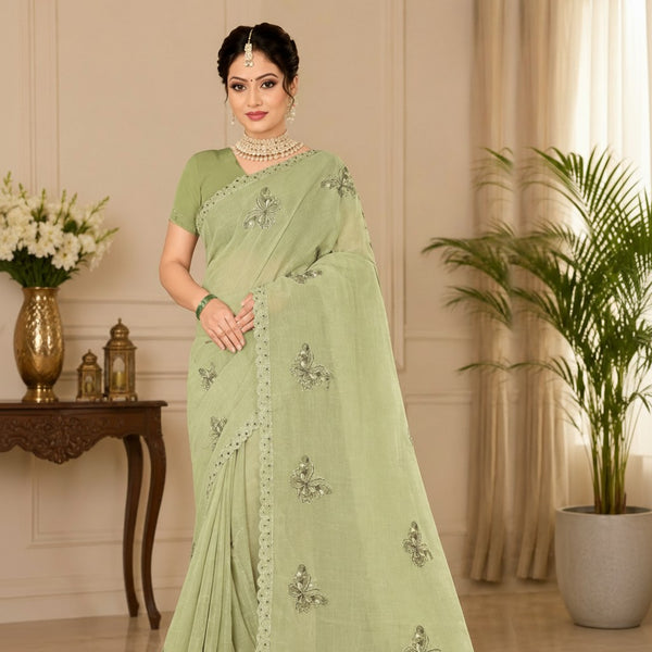 Pastel Green Designer Saree with Butterfly Embroidery