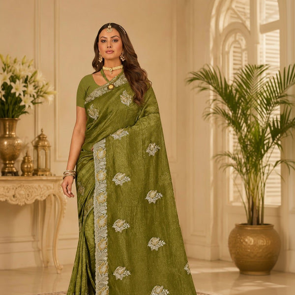 Olive Green Designer Saree with Silver Floral Motifs