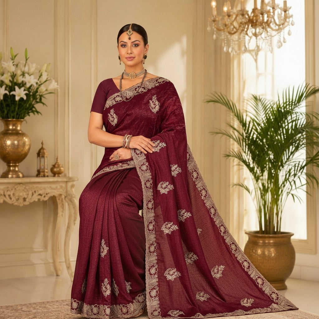 Wine Maroon Designer Saree with Silver Floral Motifs