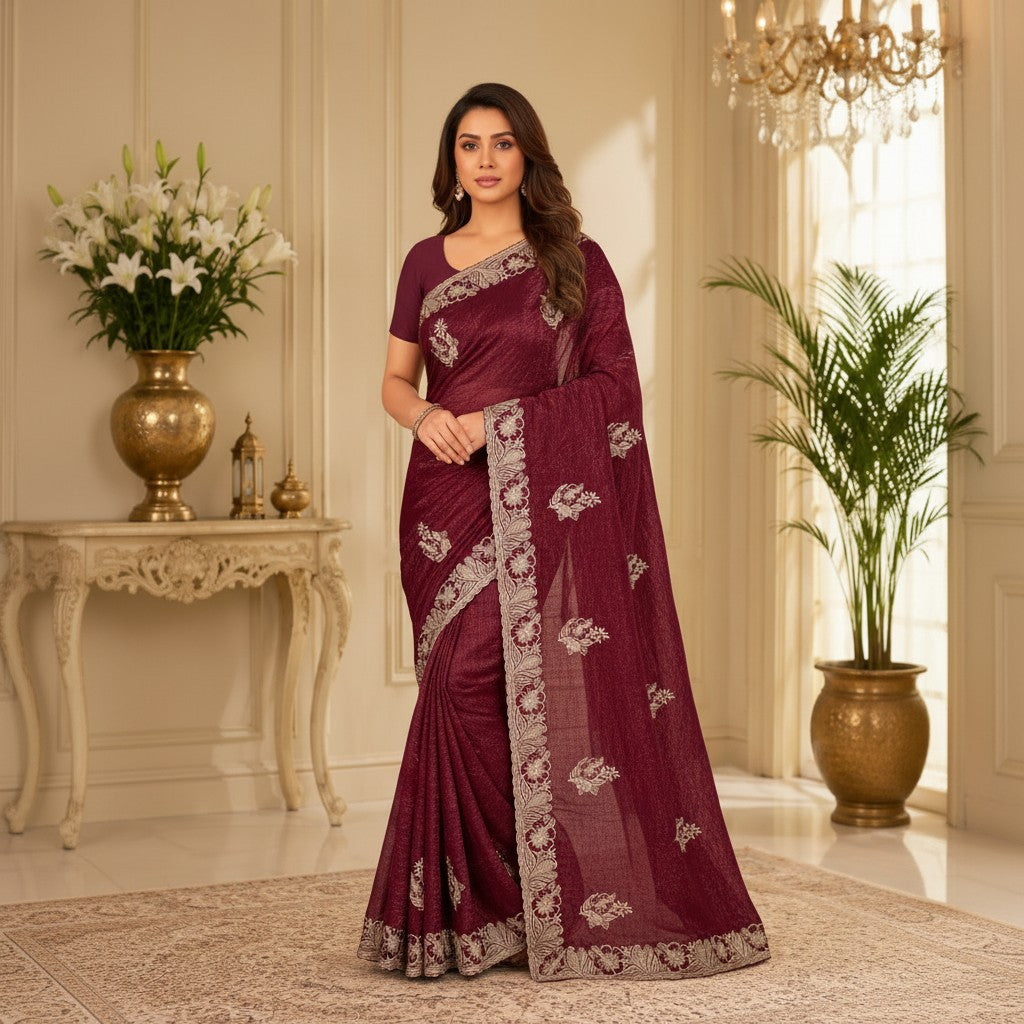 Wine Maroon Designer Saree with Silver Floral Motifs