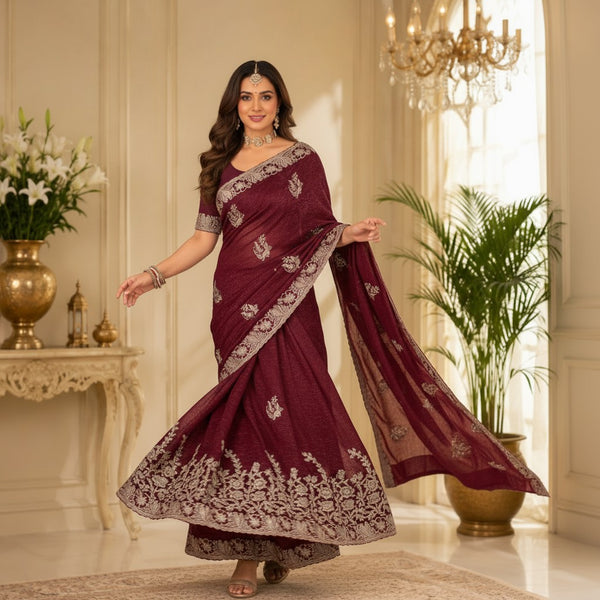 Wine Maroon Designer Saree with Silver Floral Motifs