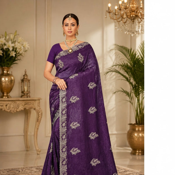 Royal Purple Designer Saree with Silver Floral Motifs