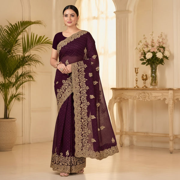 Dark Purple Designer Saree with Intricate Gold Embroidery