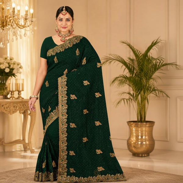 Bottle Green Designer Saree with Intricate Gold Embroidery