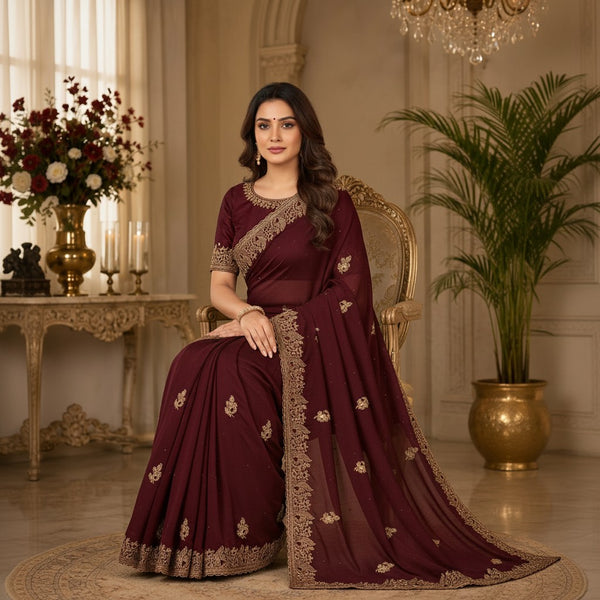 Burgundy Designer Saree with Rich Gold Embroidery